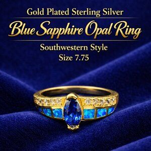925 Silver Gold Plated Blue Sapphire Opal Ring Size 7.75